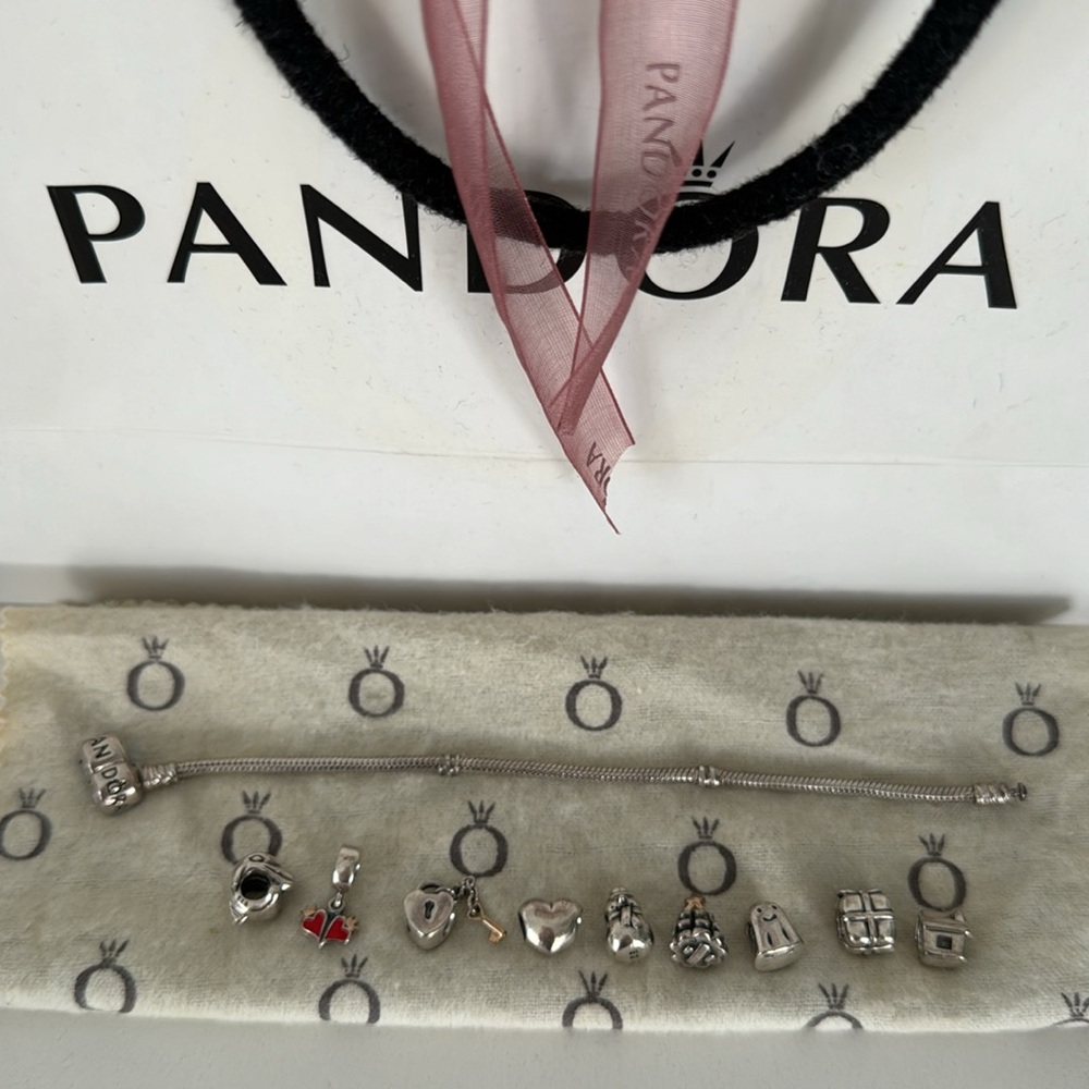 100% Authentic Pandora Bracelet and 9 Authentic Pandora Charms Sterling Silver
